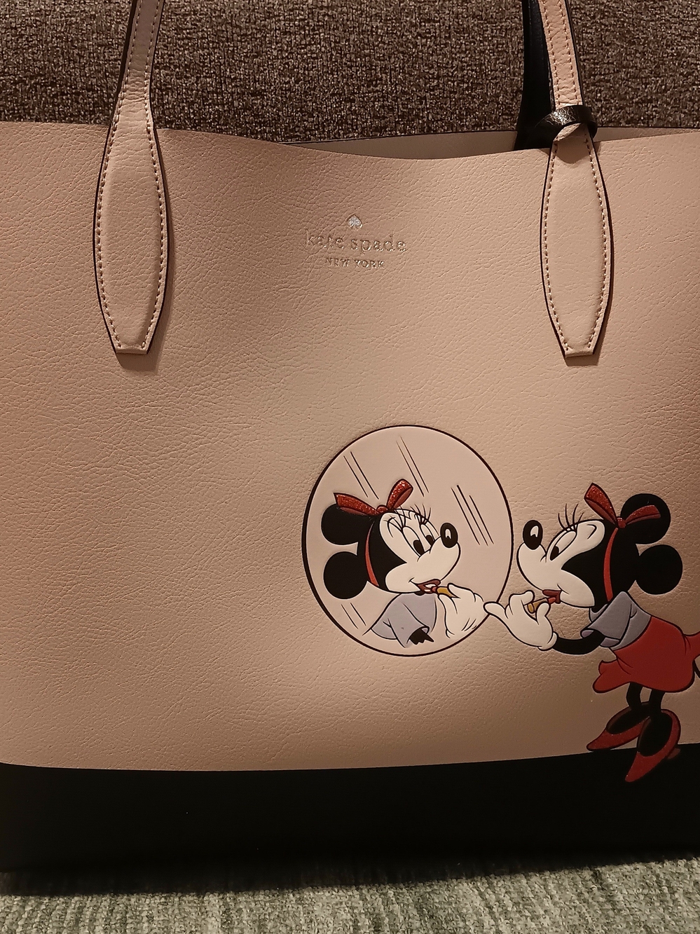 Reversible Kate spade pink Minnie Mouse leather tote with black trim